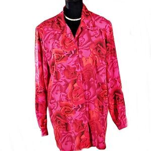 Allison Dailey Red Orange Rose Long Sleeve Button-up Collar Top Shirt Size 12